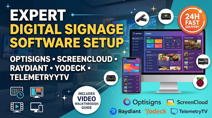 setup your digital signage software, optisigns, screencloud, raydiant, or yodeck