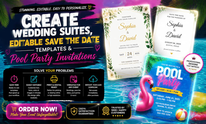 create wedding suites, editable save the data template and pool party invitation