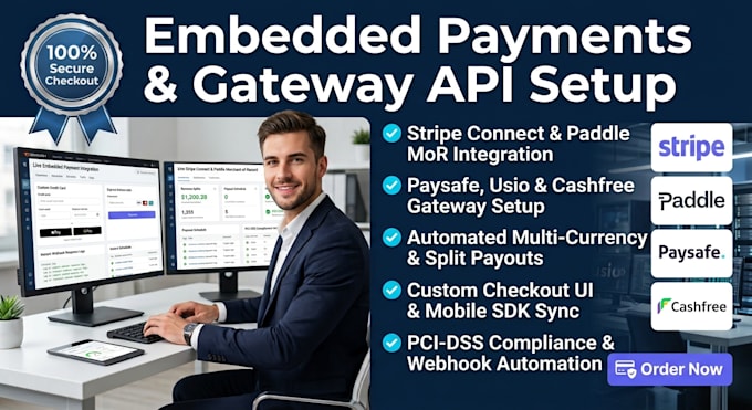 setup embedded payments software via stripe payment paddle paysafe usio cashfree