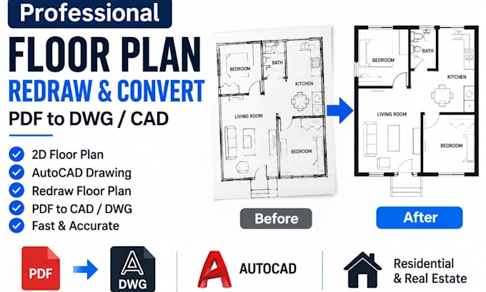 redraw floor plan in autocad, 2d floor plan, PDF to dwg or cad drafting