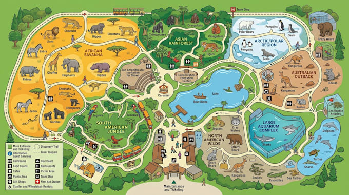 create zoo, wildlife park, illustrated guide, vector and wayfinding maps