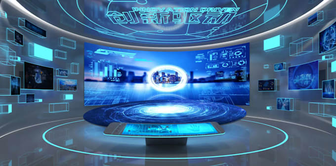 create modern tech driven stage design with 3d projection mapping, scenic layout