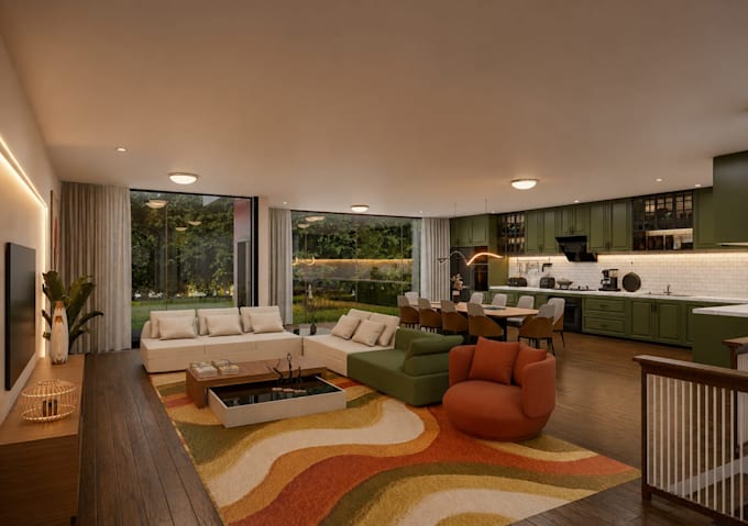 render 3d interior, interior design, house, restaurant