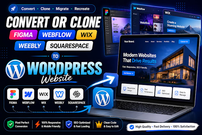 convert or clone figma, webflow, wix, weebly, squarespace to wordpress website
