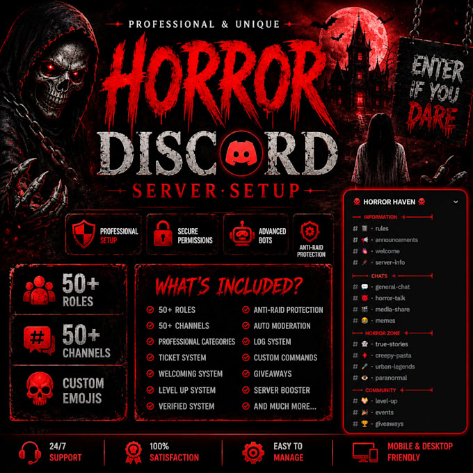 create a professional horror discord server setup with bots and roles