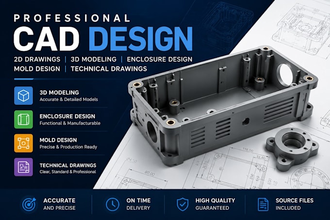 create cad designs, 3d models, enclosure designs, molds and technical drawing