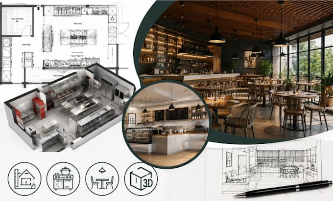 design commercial kitchen floor plan, restaurant interior, cafe 3d rendering