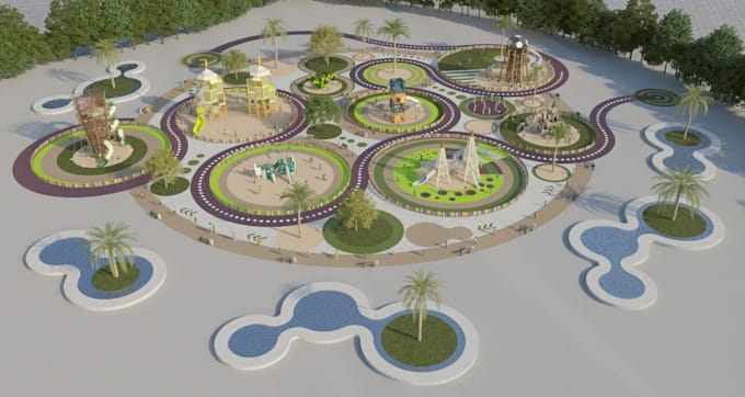 render 3d playground masterplan,3d kids park design,campground resort cgi visual