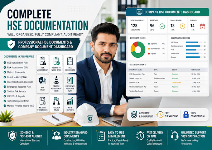 prepare hse documents, kpis, safety signages, all hse plans, ptw and checklist