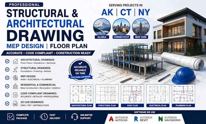 structural and architectural drawing mep  design plan floor plan in ak ct ny