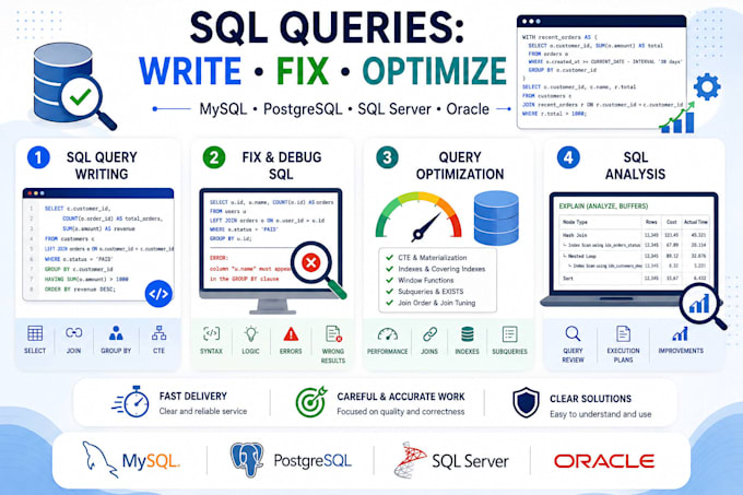 write, fix and optimize sql queries
