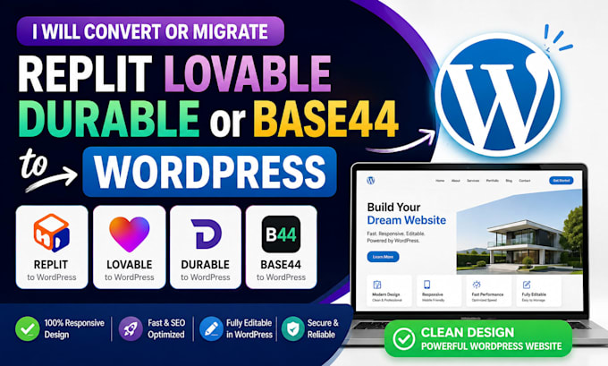 convert or migrate replit, lovable, durable or base44 to wordpress