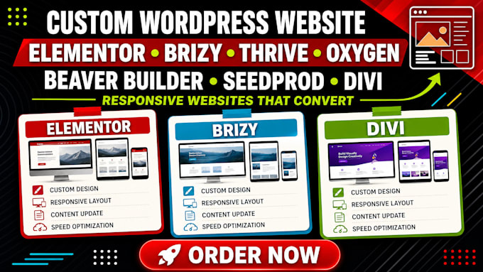 build wordpress website brizy, seedprod, thrive, elementor, oxygen, beaver, divi