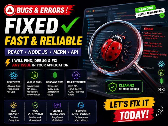 fix react node js and mern bugs errors and API issues
