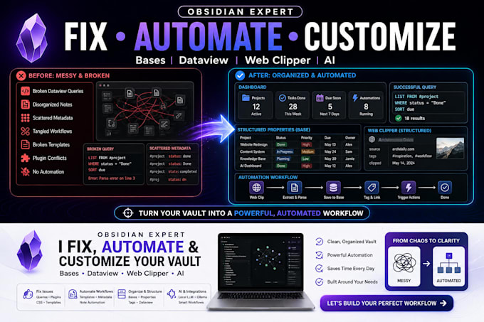 fix setup automate obsidian vault dataview bases web clipper note automation