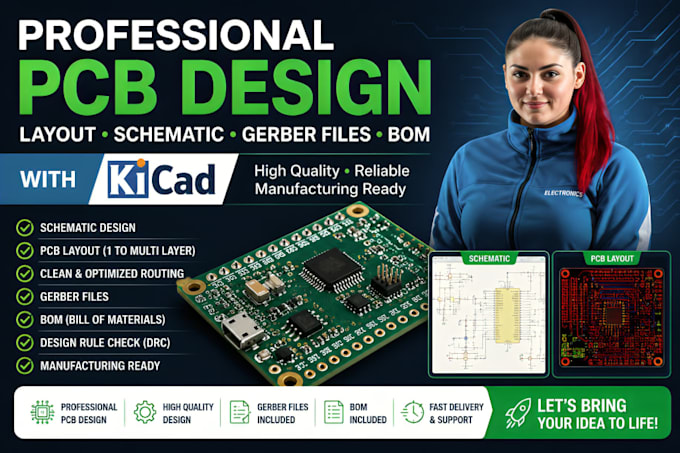 erstelle ein sauberes, optimiertes pcb layout mit professionellem routing