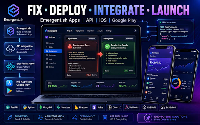 fix emergent sh app bugs, deployment errors, API, ios google play store