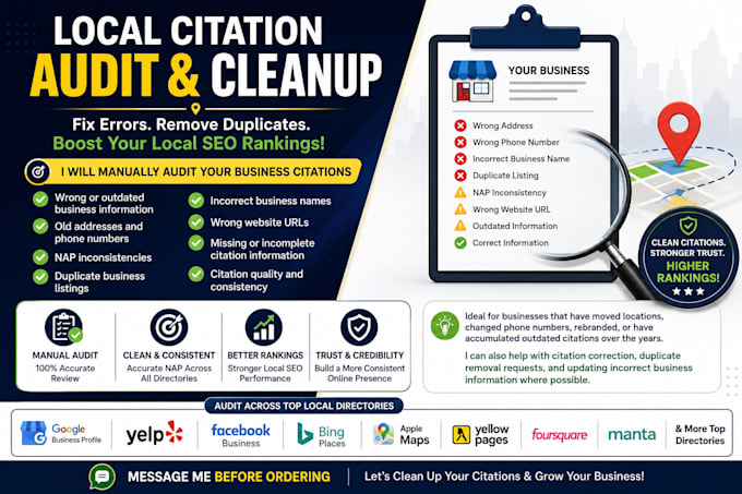 audit and clean up wrong local citations, duplicates and nap errors