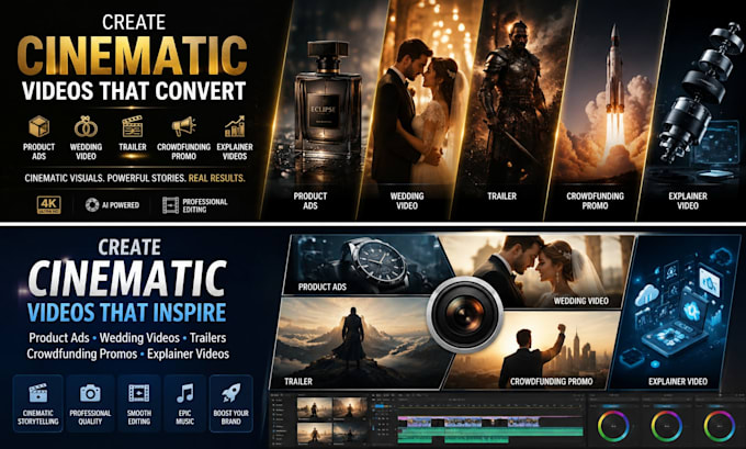 create cinematic product ads wedding video trailer crowdfunding promo explainer
