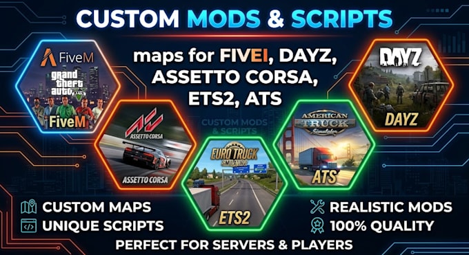 create custom mods, scripts, maps for fivem, dayz, assetto corsa, ets2, ats