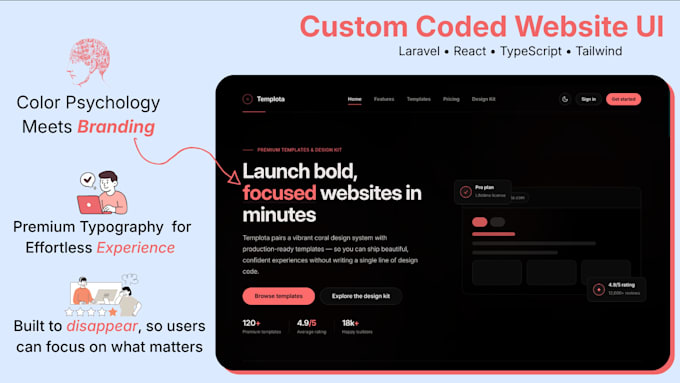 develop modern custom coded website UI with react and tailwind