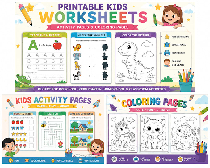 create printable kids activity worksheets, coloring pages
