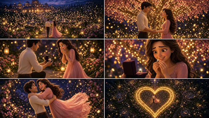 create a cinematic engagement proposal video with ai pixar animated characters