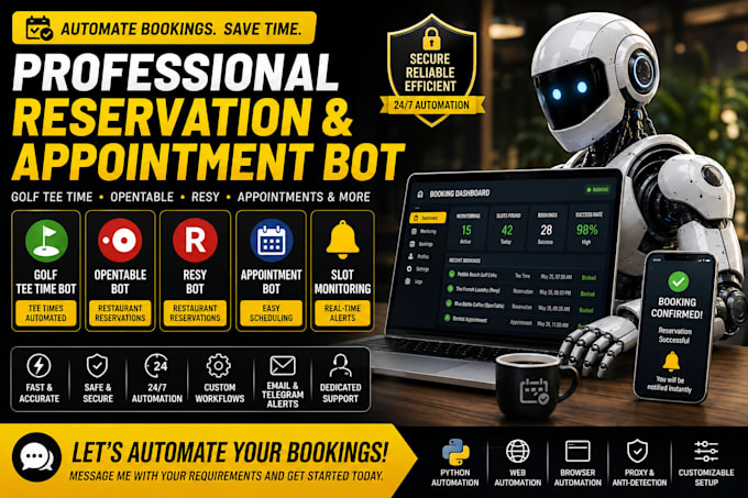 dev reservation bot appointment bot, golf tee time bot, restaurant bot, resy bot