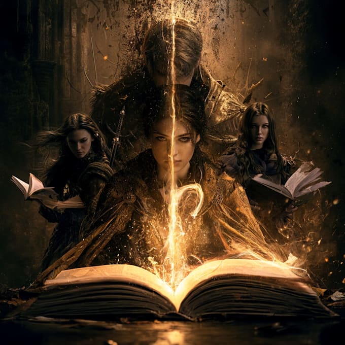 create fantasy novel cover with cinematic illustration