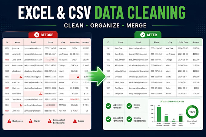 clean, organize, format, and fix your excel or CSV data