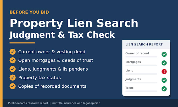 do lien search, judgment and tax check on any US property before auction