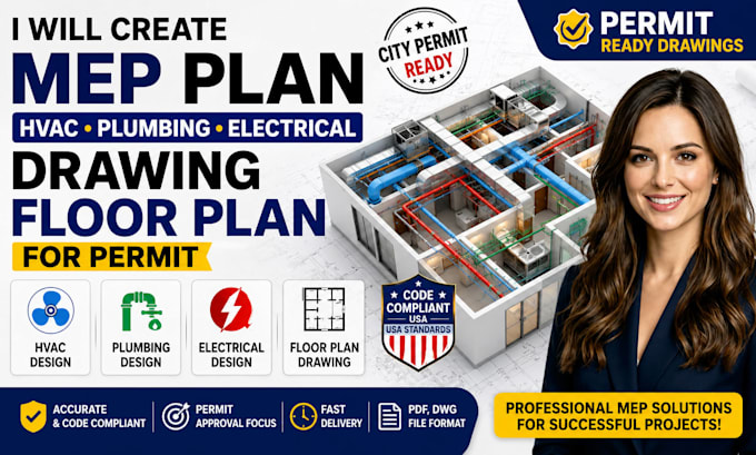 create mep plan, hvac, plumbing, electrical drawing, floor plan for permit