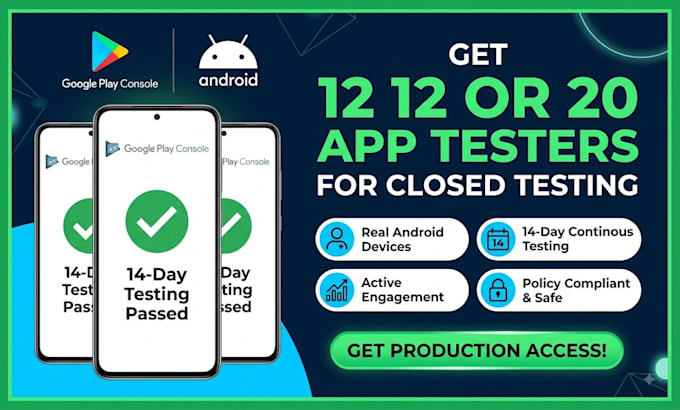 provide 12 testers for google play closed testing and android app testing
