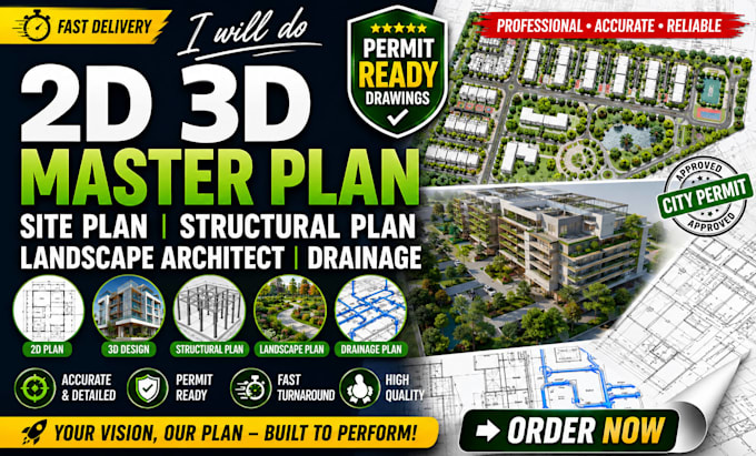 do 2d 3d master plan, site, structural plan, landscape architect, and drainage