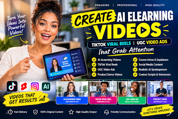 create ai elearning video, tiktok viral reels, ugc video ads that grab attention