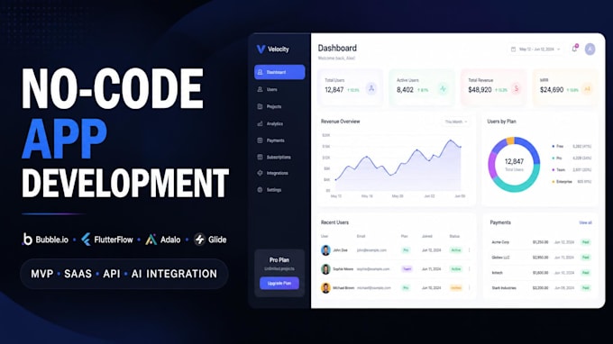 develop no code app or web app with bubble io, adalo, glide or flutterflow, n8n