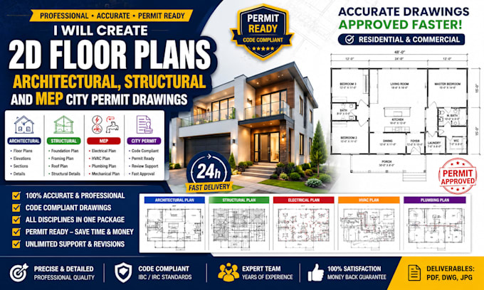 create 2d floor plans, architectural, structural and mep city permit drawings