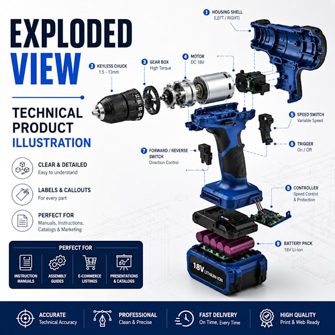 create exploded view and technical product assembly drawings