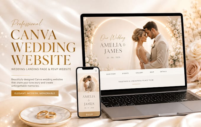design canva wedding website, wedding magazine, landing page and rsvp website