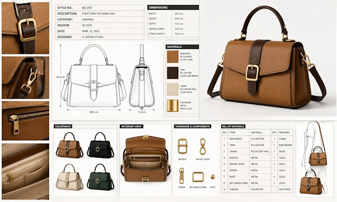 create bag tech pack, handbag tech pack, backpack tech pack and specs for brands