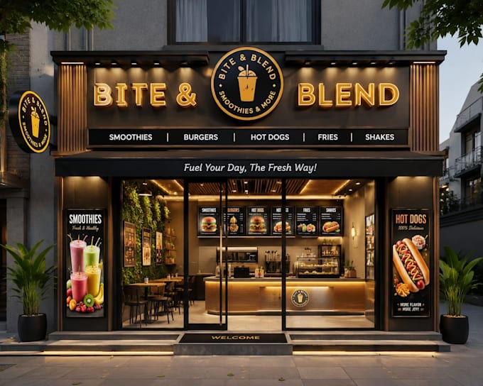 do 3d mockup design, window graphics, shopfront or storefront, signboard design