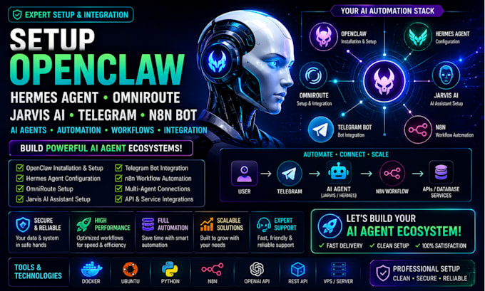 setup openclaw hermes agent omniroute jarvis ai telegram n8n bot