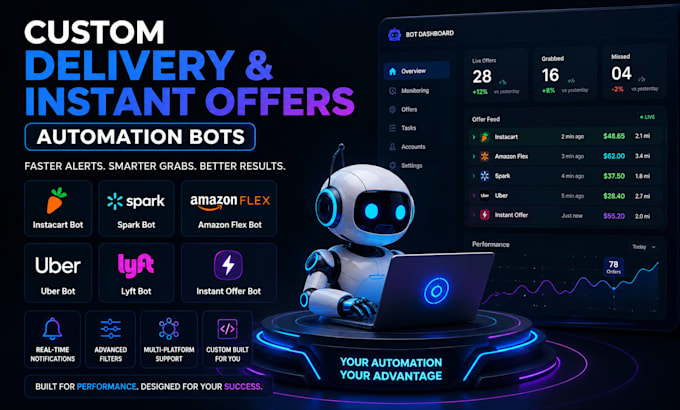 develop instacart bot, order grabber bot, spark bot, amazon flex bot, uber bot