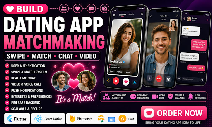 build dating app matchmaking swipe video chat with flutter react native firebase