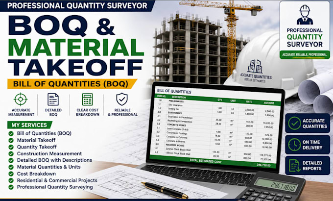 prepare boq and material takeoff as a professional quantity surveyor