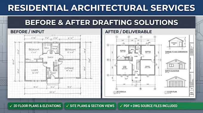 draw adu plans, garage conversion, and permit drawings