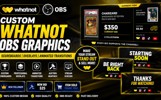 create custom whatnot obs overlays, scoreboard and animated transitions