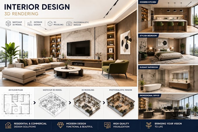 create interior design, 3d rendering and sketchup model