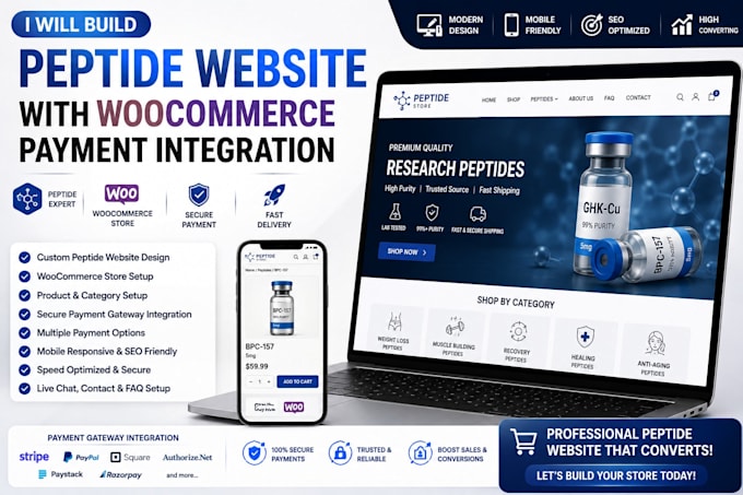 build peptide website with woocommerce payment processor integration