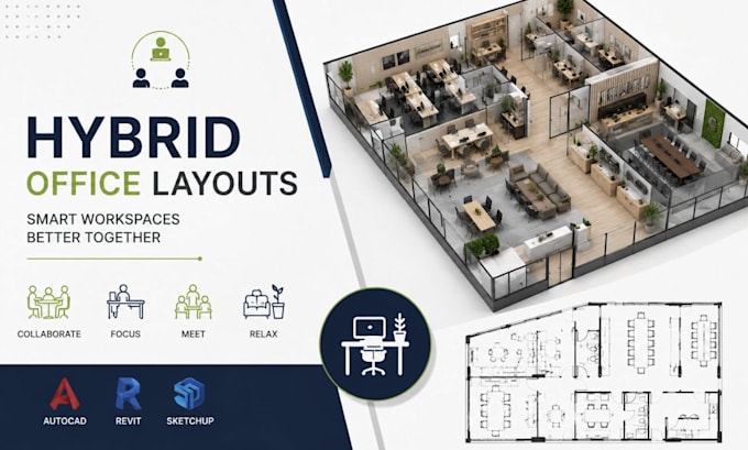 design hybrid office layouts, workspace planning, architectural plans